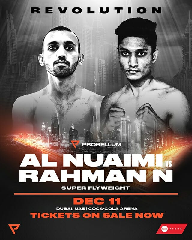 A Round 10 boxing match poster featuring al naimi vs rahim naman.