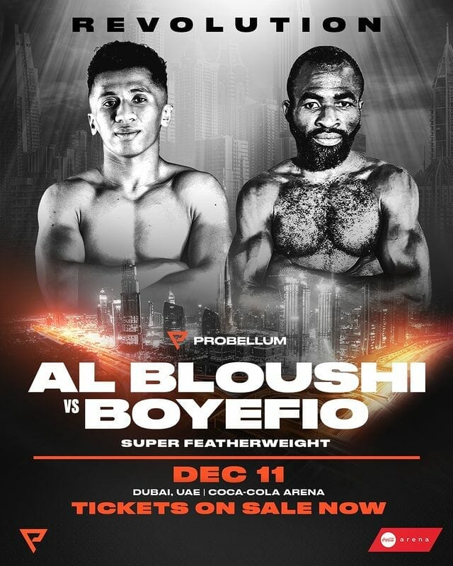 A Round 10 boxing match poster featuring al bloushi and boyefi.