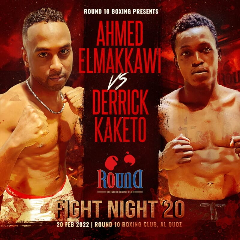 A Round 10 boxing poster featuring Ahmed Elmakawawi vs Derrick Kakoto.