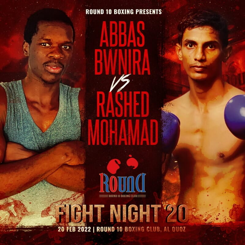 A Round 10 boxing match between two men showcased on a poster.